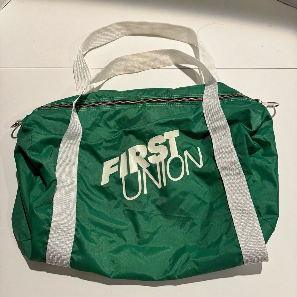 First Union Bank Green Nylon Duffle Bag Gym Travel Bag White Straps vintage
